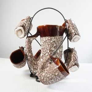 VTG‎ Vallauris Brown Fat Lava Pitcher Set 6 Mugs Barware Ceramic Mid Century